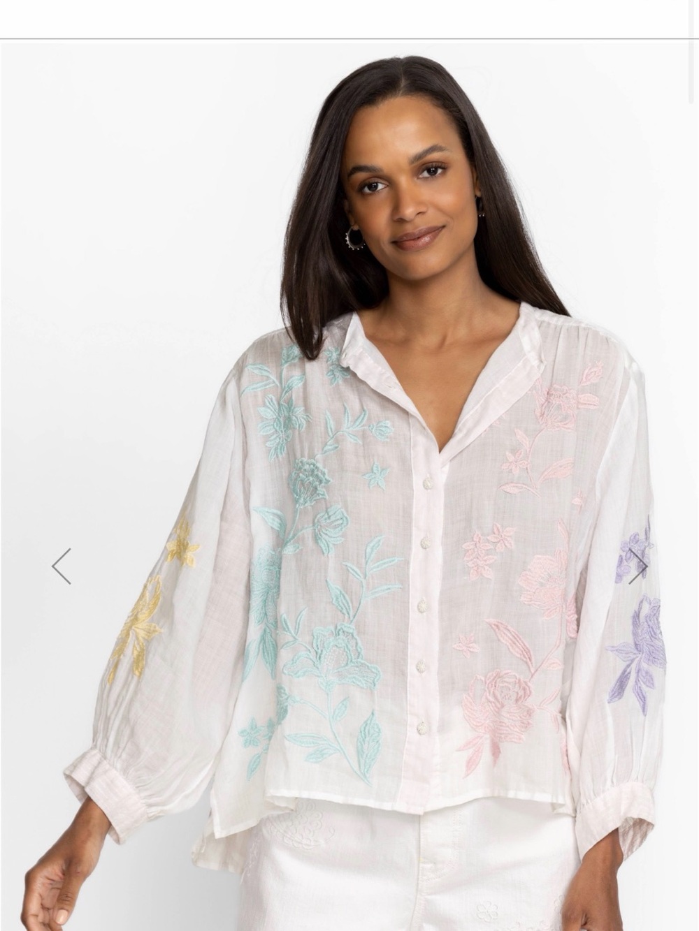 Johnny Was White Button-Front Floral Embroidered Girls' Top
